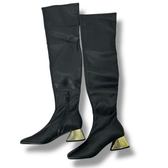 NEW Katy Perry The Clara Over the Knee Boots Size 6 Black Gold Heel Retro MCM - Picture 1 of 8